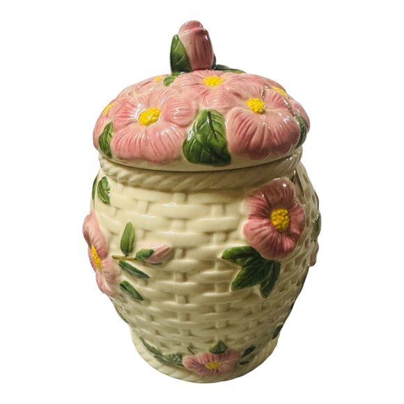 Vintage Fitz & Floyd Floral Ceramic Cookie Jar W Lid - Pink Flower Basket Design - Picture 4 of 8